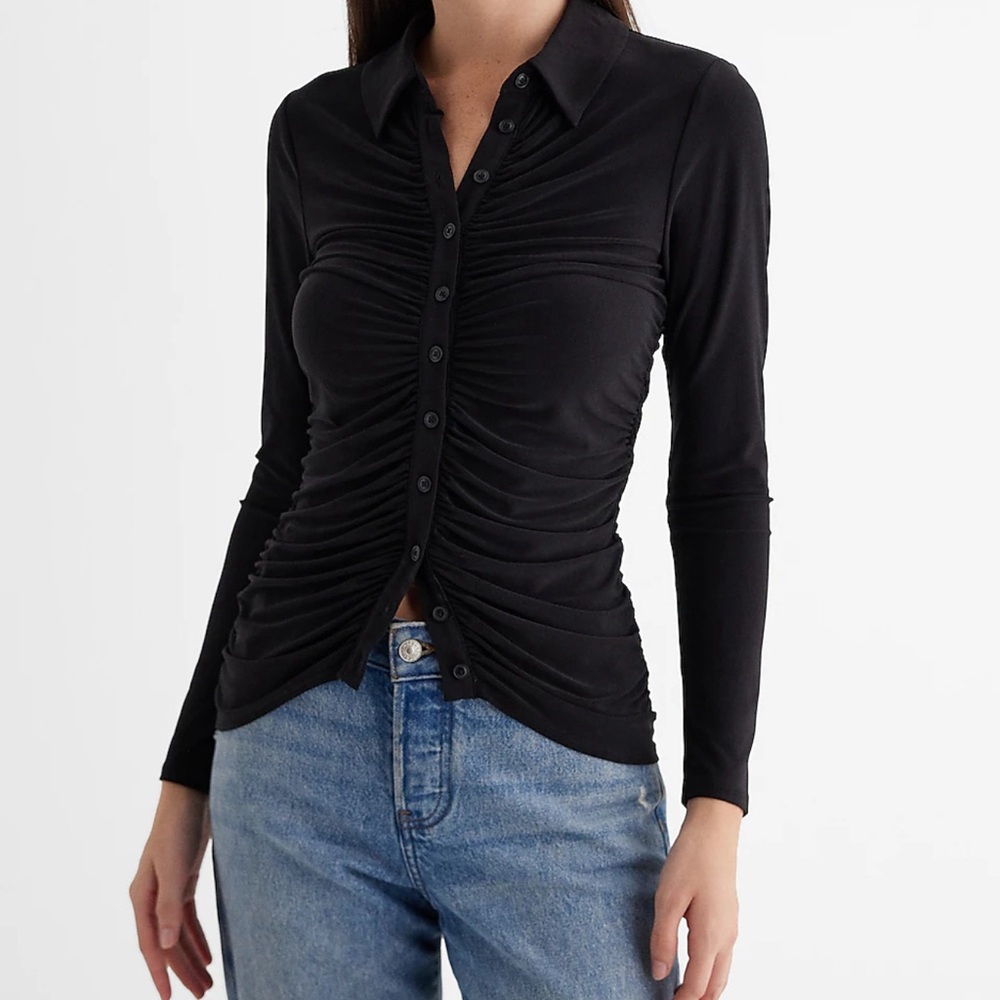 NWT XS Express Black Long Sleeve Ruched Button Down